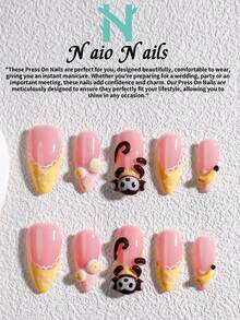 NAIO 10件/組手工穿戴式假指甲，3種尺寸：棺材型/杏仁型/短方型，Y2K辣妹風，粉色與黃色法式波點設計，附3D猴子、香蕉和馬芬裝飾，適合女性與女孩，派對與日常佩戴，女性美甲用品 - 彩色 - 查看 15