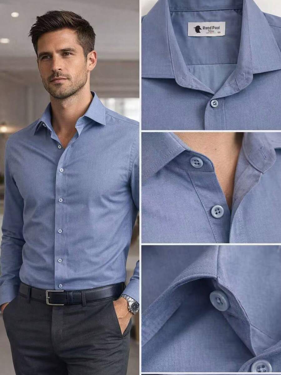 Comfortable Long-Sleeved Business Shirt - Dark Grey - View 1