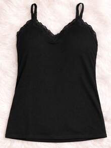 Women's Tank Top With Lace Neckline, Thin Adjustable Straps And Padded Cups, Basic Cotton, Suitable For Holidays, School, Sports, And Everyday Wear. - 黑色 - 查看 4