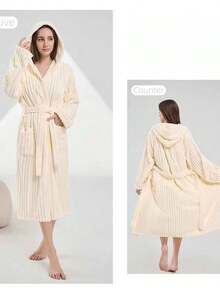 Hooded Coral Fleece Bathrobe For Women, Autumn/Winter, Thick Warm Absorbent Loungewear, Long Style... Soothing Color, Fleece Lined Hooded Bathrobe, No More Chills After Shower - White - View 5