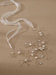 1pc Gold Tone Bridal Hair Vine With Ceramic Flower & Crystal Decor, Boho Wedding Headpiece With Ribbon For Women - Gold - View 9