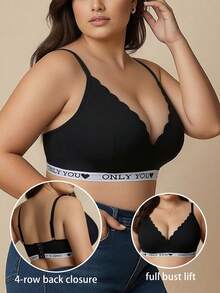Plus Size Black Triangle Cup Sexy Smooth Lingerie With Contrast Letter, Wire-Free Seamless Comfortable Thin Bra, One-Piece - Black - View 4