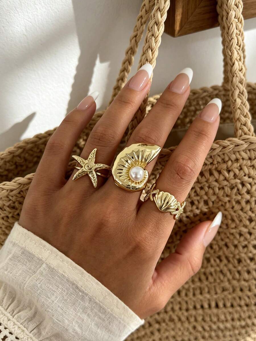 3pcs Seashell, Starfish, Conch Shaped Boho Vintage Style Rings, Classic Gold Color Fashion Rings For Women - Gold - View 1