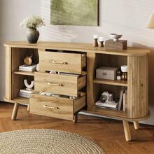 Pea-Shaped Dining Room Cabinet Decorated With A Grooved Design, Featuring Two Sliding Doors And Three Drawers, Adjustable Compartment Height, Solid Wood Cabinet Legs, Wood-Look Finish, Made Of MDF, Modern Nordic Style - Khaki - View 8