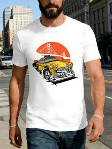 Vintage-T-Shirt mit Taxi-Grafik für Herren, hochwertiger Stoff, lockere Passform, atmungsaktiv, Street-Hip-Hop-Stil, Grafikdesign - Weiss - Übersicht 2