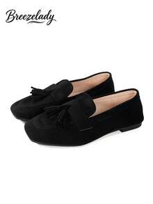 Women Elegant Flat Square Toe Green Suede Loafers With Tassel & Floral Pendant, Suitable For Autumn/Winter - màu đen - Xem 10