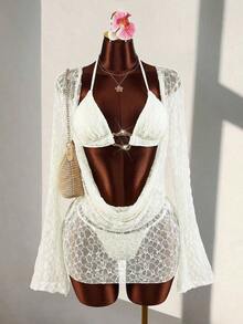 3 piezas Conjunto de Bikini de Mujer - Top, Bottom y Cubrimiento - Beis - Ver 4