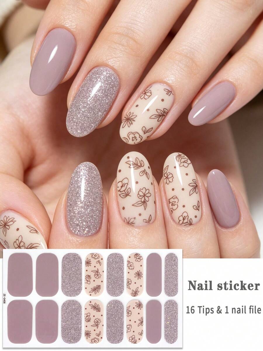 16pcs Floral Glitter Nail Stickers, Sweet And Cute Spring/Summer Nail Art Decals, Easy To Apply, Suitable For Women's Daily Casual Home DIY Nail Art - Multicolor - View 1