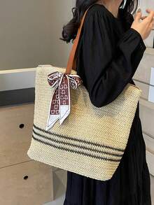 新款条纹草编单肩包，大容量编织手提包，适合海滩度假，夏季手提包，可搭配围巾 - 米色 - 查看 4