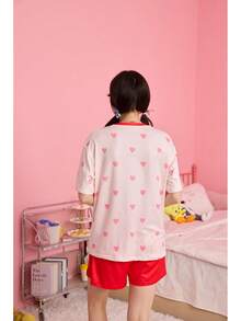 Noctvar OBM Sleepwear X LOONEY TUNES Collaboration Women's Sleepwear Set, Tweety Bird & Heart Polka Dot Contrast Color Short Sleeve Shorts Pajamas - Multicolor - View 8