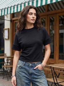 Camisetas de verano para mujer, de moda, color liso, cuello redondo, corte ajustado, manga corta, estilo streetwear. - Negro - Ver 3