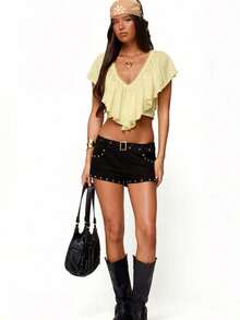 Women's Boho Ruffle Crop Top, V-Neck Lace Trim Flutter Sleeve Blouse With Open Tie Back, Casual Flowy Cropped Shirt For Summer  Vacation - Màu vàng - Xem 5