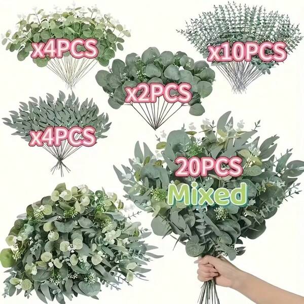 20pcs Artificial Eucalyptus Leaves And Branches, Includes 4 Leaf Styles, Suitable For Outdoor Or Indoor Decoration, Wedding Bouquets, Vases, Tabletops, Lawns, Bridal Bouquets, DIY Wreaths, Weddings, Valentine's Day, Mother's Day, Farm Parties, Centerpieces, Multi-Purpose Greenery For Indoor And Outdoor Use
