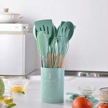 12pcs Silicone Cooking Utensil Set, Simple Wooden Handle Multi-Purpose Kitchen Gadget Tool Set For Kitchen - verde menta - Ver 11