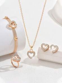 1 Set (5pcs) Heart-Shaped Jewelry Set, Including Necklace, Bracelet, Ring, Earrings, Suitable For Girls, Minimalist Elegant Design, Suitable For Daily Wear Or Gift Giving, Thanksgiving, Back To School, Graduation Season - Gold - View 2