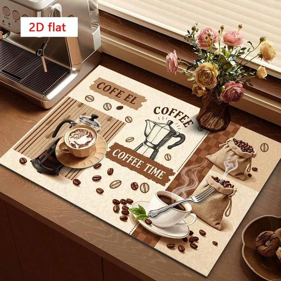 1pc Dish Drying Mat, Coffee Machine Pad, Polyester Absorbent Draining Mat With Coffee Beans & Cup Pattern, Multipurpose Drainage Mat, Home Gift, Tabletop Decor