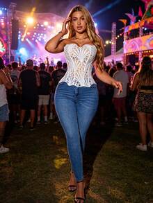 White Lace Strapless Heart Neckline Hollow Out Vintage Fitted Cropped Camisole Top Party Clubwear Summer - Butterfly White - View 5