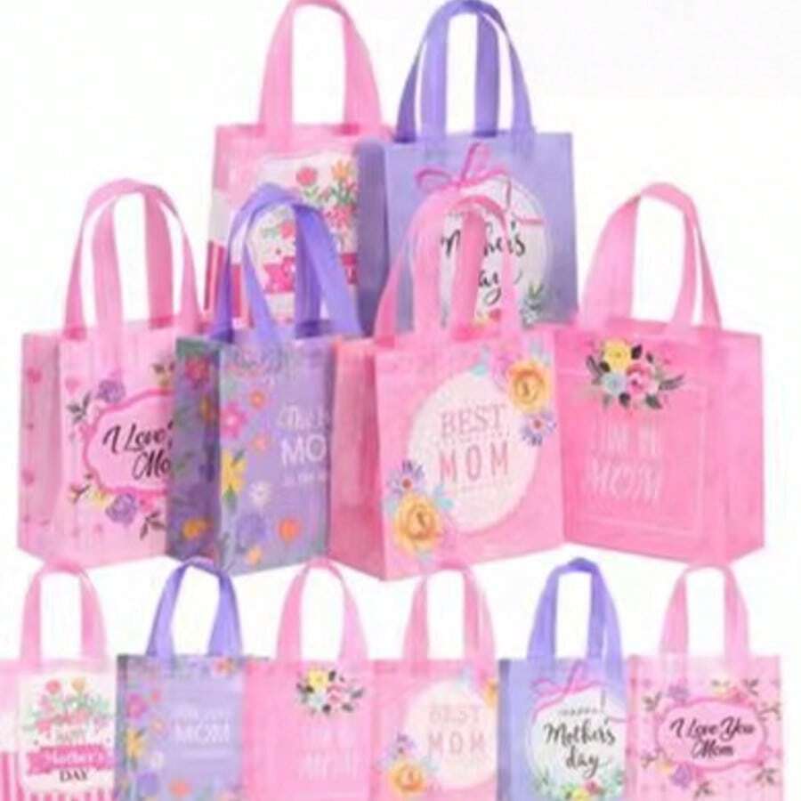 6 piezas Bolsas de regalo del Día de la Madre con estampado, bolsas de caramelos para fiestas, bolsas de tela no tejida laminada, diseño elegante, material duradero, adecuado para bodas, fiestas de cumpleaños, panaderías, vuelta al colegio, suministros de invierno, Acción de Gracias, Navidad, Día Nacional de Arabia Saudita, cumpleaños, festivales, Año Nuevo, Día de San Valentín y otras festividades - A - Ver 1