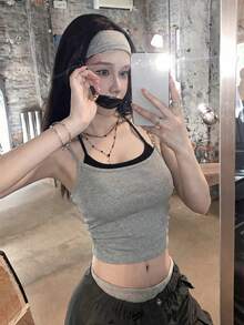 American Stylish Spaghetti Strap Camisole Top, Women Summer New Backless Crop Top Casual - Grey - View 1