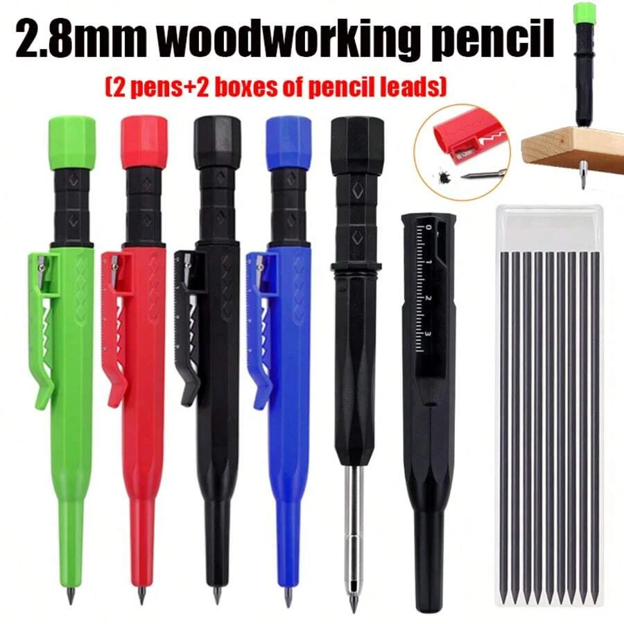 專業 2.8mm 深孔木工鉛筆套組，附內建鉛筆削筆器，2 支鉛筆 + 2 盒鉛筆芯，建築工具理想選擇，繪圖、書寫與標記必備，返校季適用