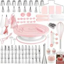 72-Piece Cake Decorating Set With 48 Stainless Steel Piping Tips & 14 Fondant Molds, Non-Stick Turntable & 3 Scrapers, Reusable Silicone Pastry Bags, Complete Baking Supplies Kit For Home Kitchen Essentials - Pink - View 9