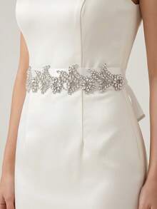 1 pieza Faja elegante de mujer decorada con cristales para novia, faja de satén con flores de cristal brillante adecuada para vestido de novia, vestido de noche, faja de boda de lujo con flores de cristal, accesorio decorativo ajustable para la cintura para fiesta de damas de honor y ocasiones formales, festival, cumpleaños - Plateado - Ver 5