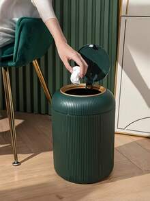 Striped Trash Can, White With Gold Trim, Vertical Striped Body, Odor-Proof And Leak-Proof Inner Bucket, Compact And Stylish Design, Plastic Material, Easy To Clean, Suitable For Bathroom, Bedroom, Office, Dressing Table, And Small Spaces.Bin. - Multicolor - View 11