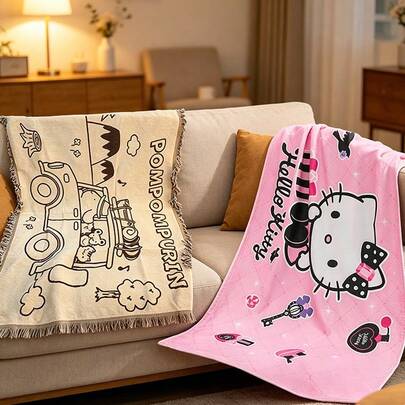 Miniso 1pc Sanrio Puffy Pudding Dog "Let's Go" Series & Hello Kitty "Sparkling Party" Series Soft Plush Blanket, Breathable & Warm, Suitable For Napping, Office/Dorm, Home Decor, And Gifts