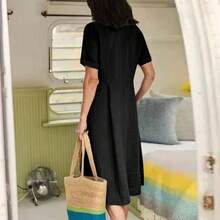 2026 Spring/Summer New European And American Style Solid Color Loose High-Waisted Cotton-Linen Dress - Khaki - View 4