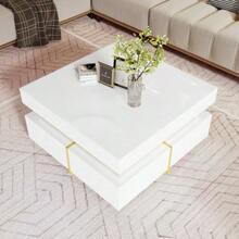 Coffee Table, High Gloss Living Room Table, Side Table With Drawers And Gold Details. - White - View 9