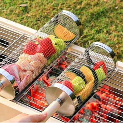 Cesta de parrilla de acero inoxidable giratoria 360°, jaula de parrilla desmontable con ruedas y mango de madera y gancho resistente al calor, adecuada para carne, verduras, camarones y otros accesorios de barbacoa de camping al aire libre