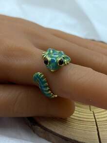 1pc 3D Lizard Animal Adjustable Open Ring, Punk Style Suitable For Daily Wear, Party, Gift For Friends - Green - View 4