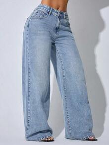 Jeans casuales de cintura baja y pierna ancha de color azul con bolsillos en diagonal, ropa de verano y primavera - Azul - Ver 6