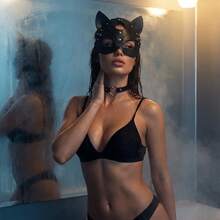 2pcs Gothic Fox Ear & Rabbit Mask Collar Set, Faux Leather Half Face Mask With Rivets, Black PU Leather Heart Choker, Sexy Cosplay Accessories, Fox & Rabbit Mask Suitable For Halloween Party, Valentine's Day, Roleplay, Boudoir Photography - Multicolor - View 7