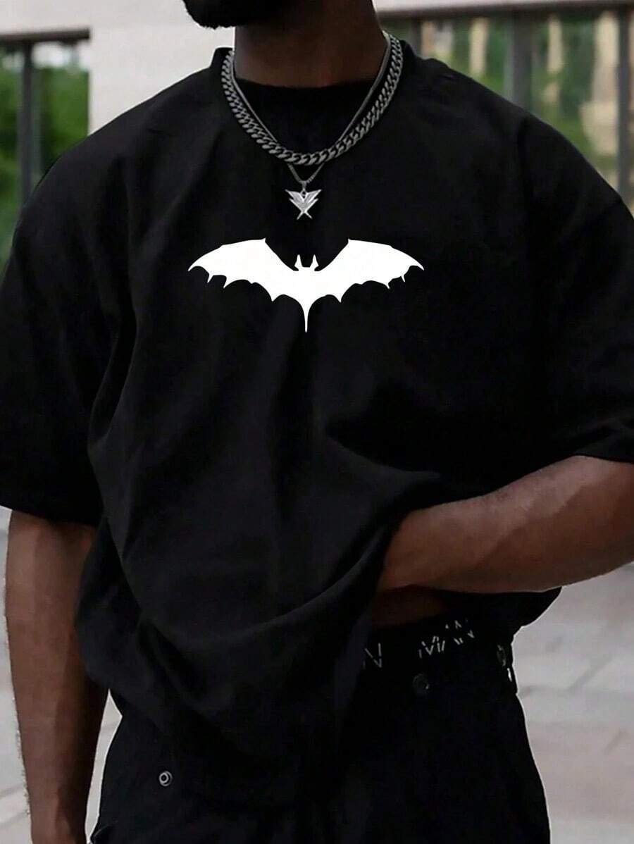 Men's Plus Size Summer T-Shirt With Bat Print, Crew Neck And Short Sleeves, Casual Style - Black - View 1