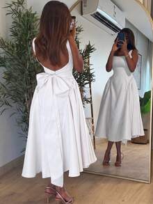 Đầm hai dây Glamful phong cách Pháp ngách, màu trơn, eo thắt, nơ sau lưng, ngọt ngào thanh lịch cho hẹn hò xuân hè - trắng - Xem 2