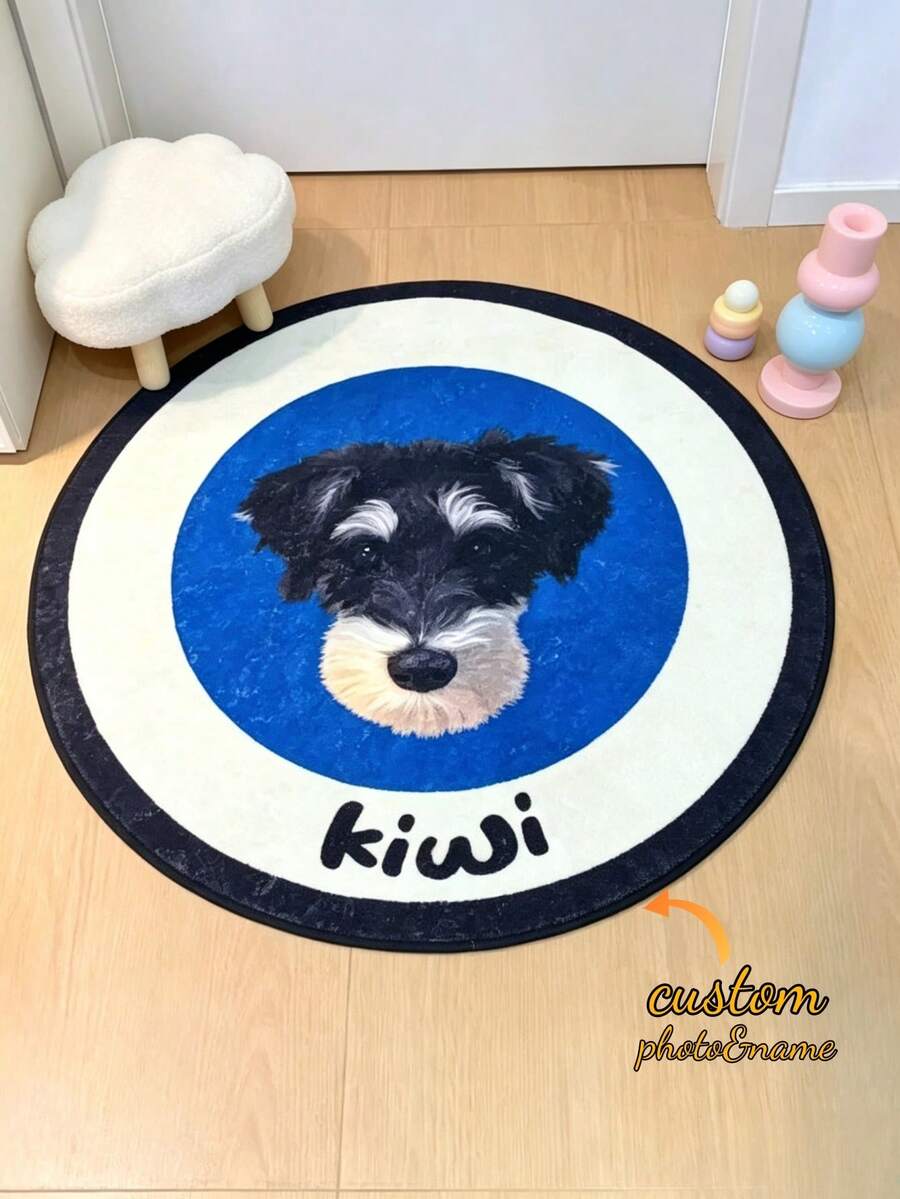 1Pc Custom Round Faux Cashmere Pet Rug, Personalized Dog Cat Portrait Carpet, Custom Photo Name Animal Floor Mat, Soft Plush Non Slip Handmade Style Rug, Pet Memorial Gift For Pet Lovers, Living Room Bedroom Nursery Entryway Home Decor - Multicolor - View 1