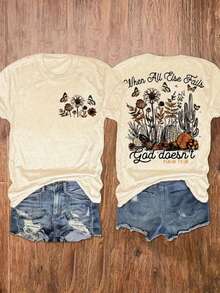Summer Tops For Women - Christian T-Shirt For Women - "Where Flowers Fall, God Causes Them To Rise Again" (Psalm 136:1) Bible Verse - Beige Inspirational Top With Butterfly And Floral Design, Soft And Breathable, Suitable For Church, Casual Wear, And Religious Gifts - Machine Washable, Slightly Elastic, All-Season Faith Apparel, Spiritual Clothing, Church Attire, Lightweight Material, Comfortable Fit, Scripture Shirt, Faith Community - 杏色 - 查看 6