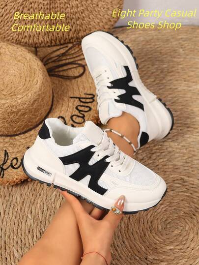 Giày thể thao thường ngày mới, giày thể thao đế dày kiểu Preppy, giày unisex mũi tròn buộc dây, phối lưới và da, thoáng khí, đa năng, in họa tiết graffiti, thích hợp cho sinh viên, hoạt động ngoài trời, leo núi, đi bộ đường dài, đi chơi, đi làm. Kích cỡ nhỏ hơn 1 size.