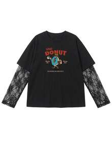 JUTU Cartoon Donut Print Lace Patchwork Round Neck Loose Mesh Sleeve T-Shirt, Fashionable & Comfortable Casual Long Sleeve Top For Women, Suitable For Spring, Summer, Autumn - 2A10 Black - KJ0381 - View 8