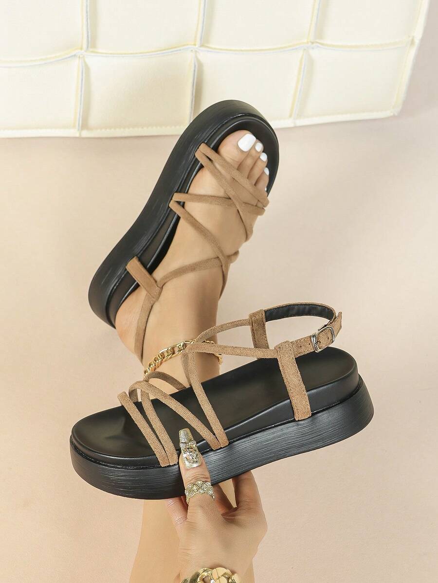 Giày sandal cao gót đế xuồng màu nâu chống thấm nước, đế dày, dành cho nữ, giày đi biển đế dày, sandal thời trang ngoài trời màu mơ với quai cài khóa. - màu nâu - Xem 1