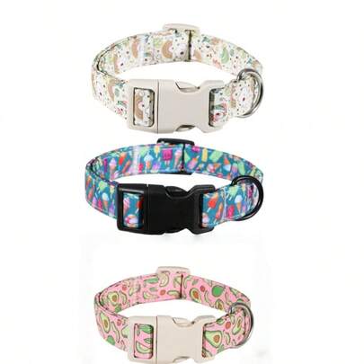 Fun Cartoon Printed Dog Collar, Adjustable Safety Buckle Soft Fabric Puppy Necklace, Cute Avocado Unicorn Ice Cream Design Pet Gear For Daily Walking