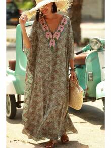 Printed Robe Beach Cover-Up, Loose Vacation Long Dress, Seaside Swimsuit Bikini Cover-Up - 5D08 - View 1