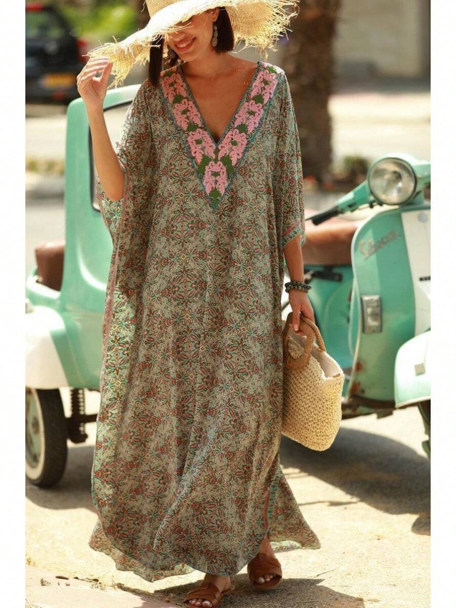 Printed Robe Beach Cover-Up, Loose Vacation Long Dress, Seaside Swimsuit Bikini Cover-Up - 5D08 - View 1