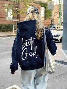 New Women's Fashion Autumn/Winter Hooded Sweatshirt, Printed With "But God" Pattern, Soft And Comfortable, Fleece Lined Autumn/Winter Top - Navy Blue - View 5