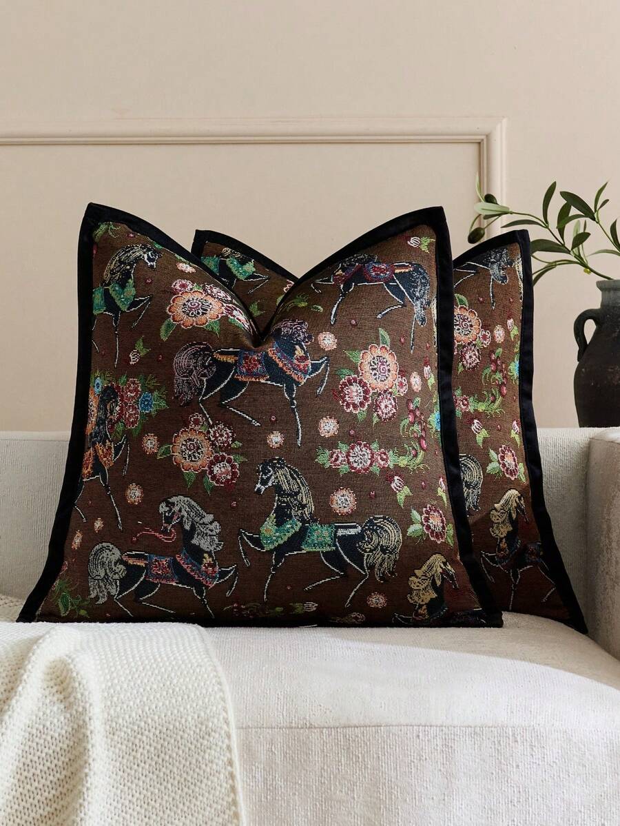 1 chiếc vỏ gối vuông viền họa tiết ngựa jacquard cao cấp, phù hợp cho mọi mùa, có nhiều màu sắc, kiểu dáng và kích cỡ, vải jacquard màu mật độ cao (không bao gồm ruột gối), khóa kéo, thích hợp cho các bữa tiệc ngày lễ, phối hợp với gối sofa màu be, gối sofa, gối ngủ, phòng khách, văn phòng, gối xe hơi, cũng có thể là một món quà mềm mại đơn giản. - màu nâu - Xem 1