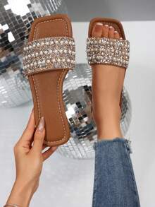 1 Pair Plus Size Shiny Gold Color, Rhinestone & Double Pearl Decor Slides, Elegant & Fashionable For Party, Vacation, Beach, Comfortable Slip-On Flat Mules, Suitable For Daily Wear, Size 41-42-43 - Chocolate Brown - View 2