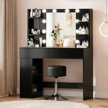 Devoko Modern Minimalist LED Vanity Table With Mirror, Black/White, 2 Drawers, 8 Open Shelves, Integrated Charging Station, 3 Light Colors With Dimmable Brightness, Flexibly Mountable Side Shelf - 查看 3