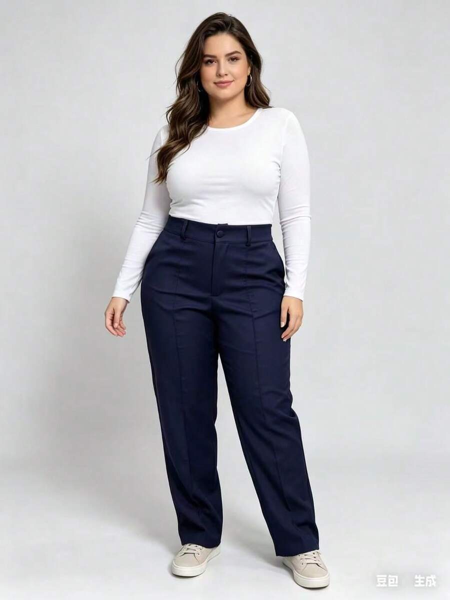 Straight Leg Plus Size Tailored Trousers 46-50 With Belt, Button And Zipper Closure 8827 - 藏蓝色 - 查看 1
