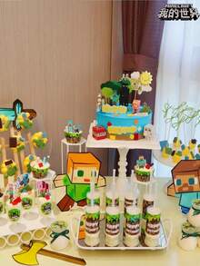 Minecraft 4/5/12/24pcs Cake Decorations Picks, Robot Building Block Pixel Green Theme Dessert Table Decor - Multicolor - View 9